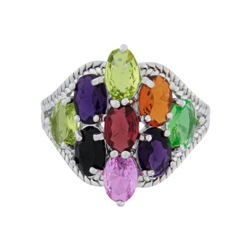 Sterling Silver Nano Multi-Gemstone Cluster Cocktail Ring, Size 7